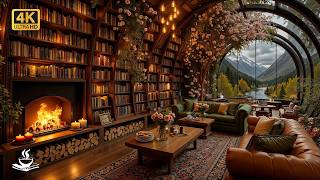 Bloomlit Spring Library Jazz Beneath an Arched Glass Canopy | Gentle Focus & Warm Firelight