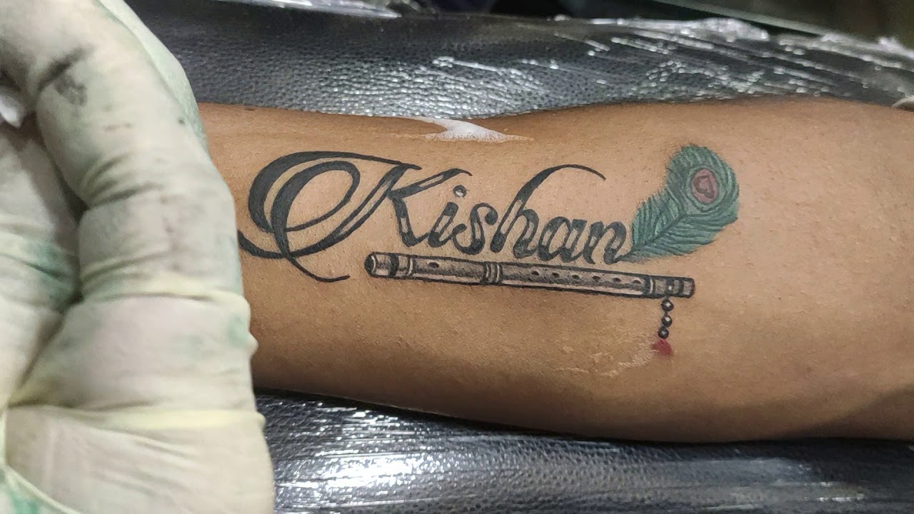 Name Tattoo Kishan Feather With Bansuri Youtube