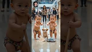 Twin Babies Cleaning Mall Floor with Puppy | Cute Baby Dance & Funny Moments. #shorts #short #funny