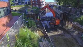 Time-lapse teaser showing the first stages of the library footbridge construction by Greenford Ltd in the Maidenhead town centre. 