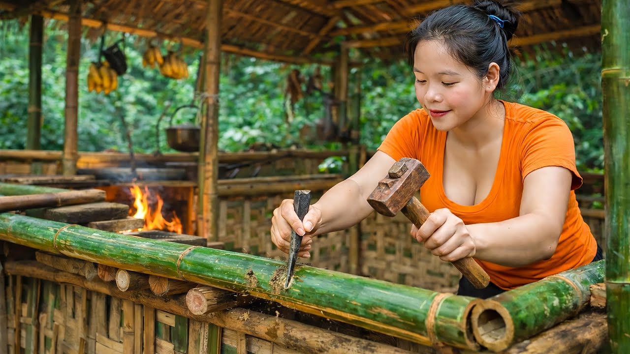 Survival Bushcraft — Build a Bamboo Kitchen Shelter in the Wild Forest