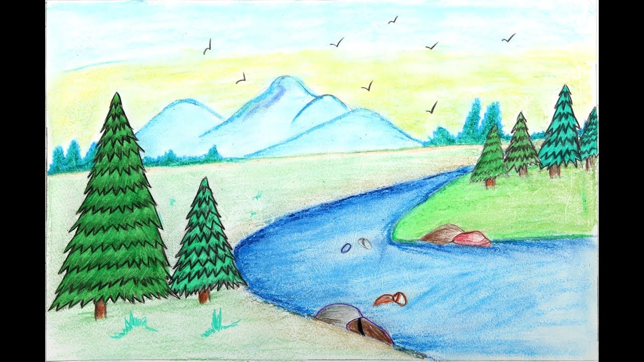 How To Draw A Landscape With Oil Pastel Step By Step Easy And Simple Landscape For Beginners