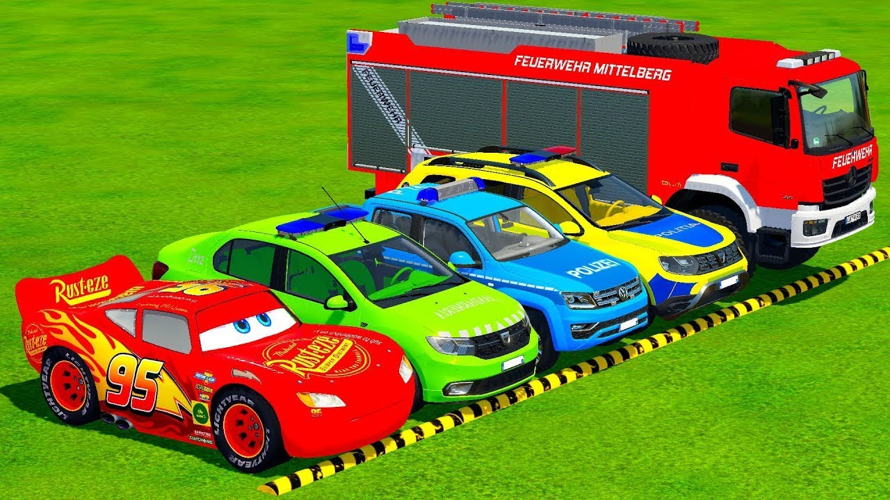 TRANSPORTING PIXAR CARS & FRUITS WITH COLORED & JOHN DEERE vs CLAAS vs TRACTORS - BeamNG.drive 