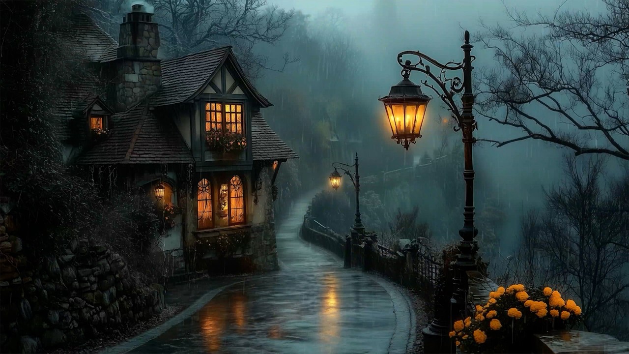 Lost in a Misty Forest Cottage Lane | Soft Piano & Dark Academia Ambience | Rainy Mountain Village
