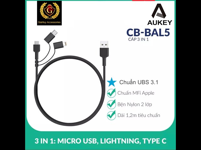 Cáp bện Nylon đa năng 3 in 1 AUKEY CB-BAL5 chuẩn USB 3.1, chứng nhận MFi - dài 1.2m