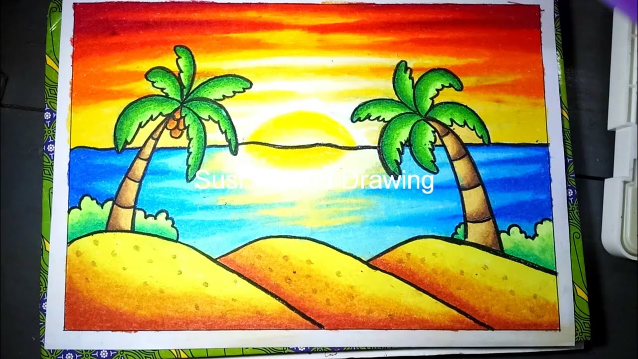 How To Draw Sunset Scenery Easy And Simple Cara Menggambar