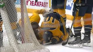 Sissons Takes Hard Fall Into Net And Boards