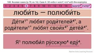 188. Russian cases (p.70, ex.16). Case 4. 30 verbs + кого⁴, что⁴ with the examples