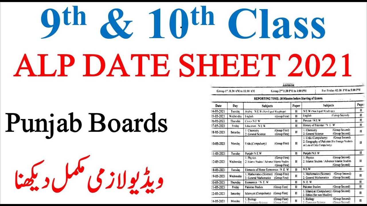9th & 10th Class Date Sheet 2021 | Date Sheet | 9th | 10th | Matric | Punjab Boards 