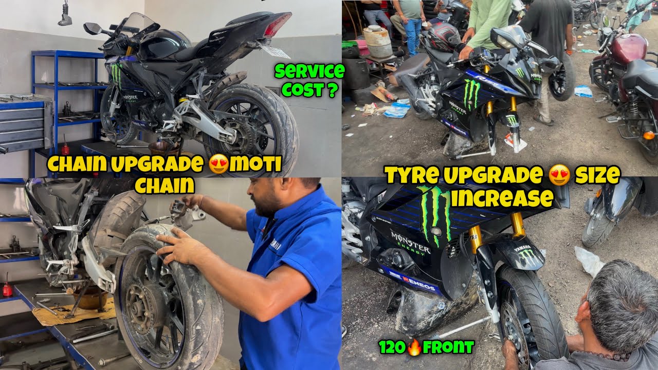 r15m service ￼& C￼hain change | Fornt tyre Size Upgrade  | r15 m modification | r15 modified 