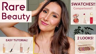 RARE BEAUTY makeup tutorial! ✨DISCOVERY EYESHADOW PALETTE🎨  BLUSH COMPARISONS + LIP BALMS SWATCHES!💄