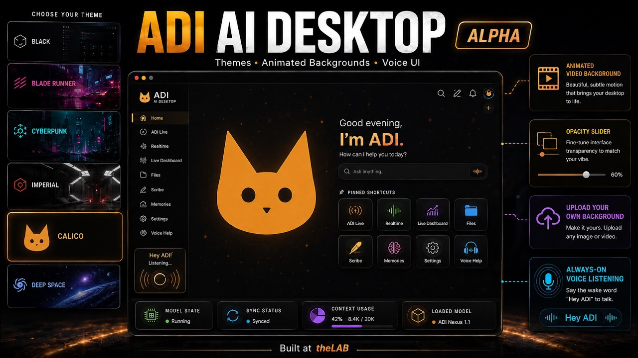 ADI AI Desktop alpha — theme engine, animated backgrounds, gesture control