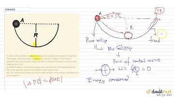 A small solid cylinder of radius `r` is released coaxially from point A inside the fixed large c...