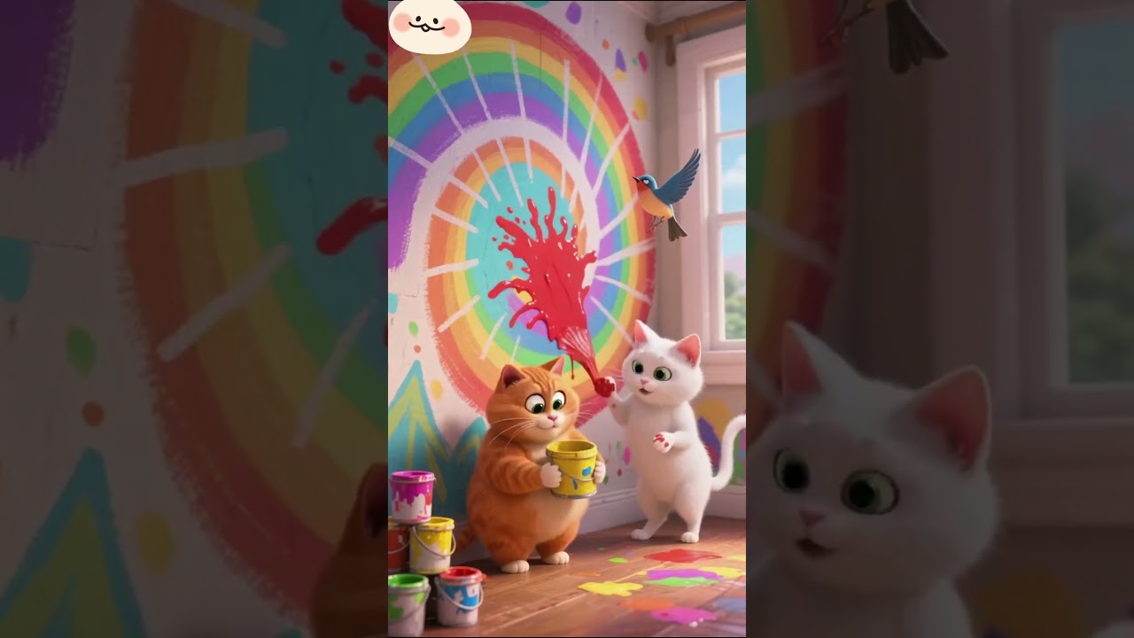 Orange cat and white cat are graffiti at home. 