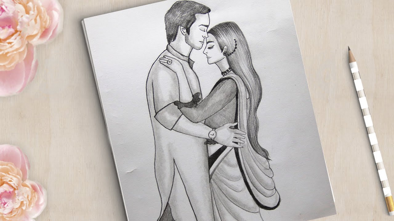 How to Draw Traditional Romantic Couple In Puja || Couple Drawing ...