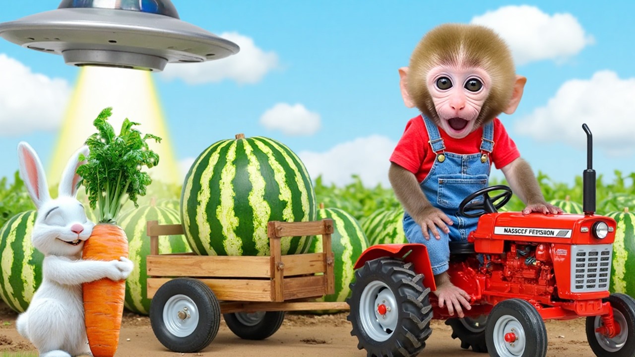 Monkey Nana driving a homemade mini tractor carrying a giant watermelon encounters  UFO