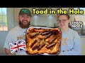 AMERICANS Try BRITISH Toad in the Hole for the FIRST TIME!! *epic fail..*