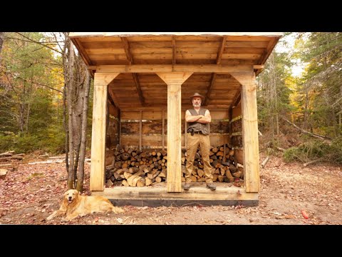 Building a Firewood Shed in the Forest at My Off Grid Log Cabin