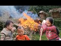 Mother and two children cleaning up the collapsed roof life with nature