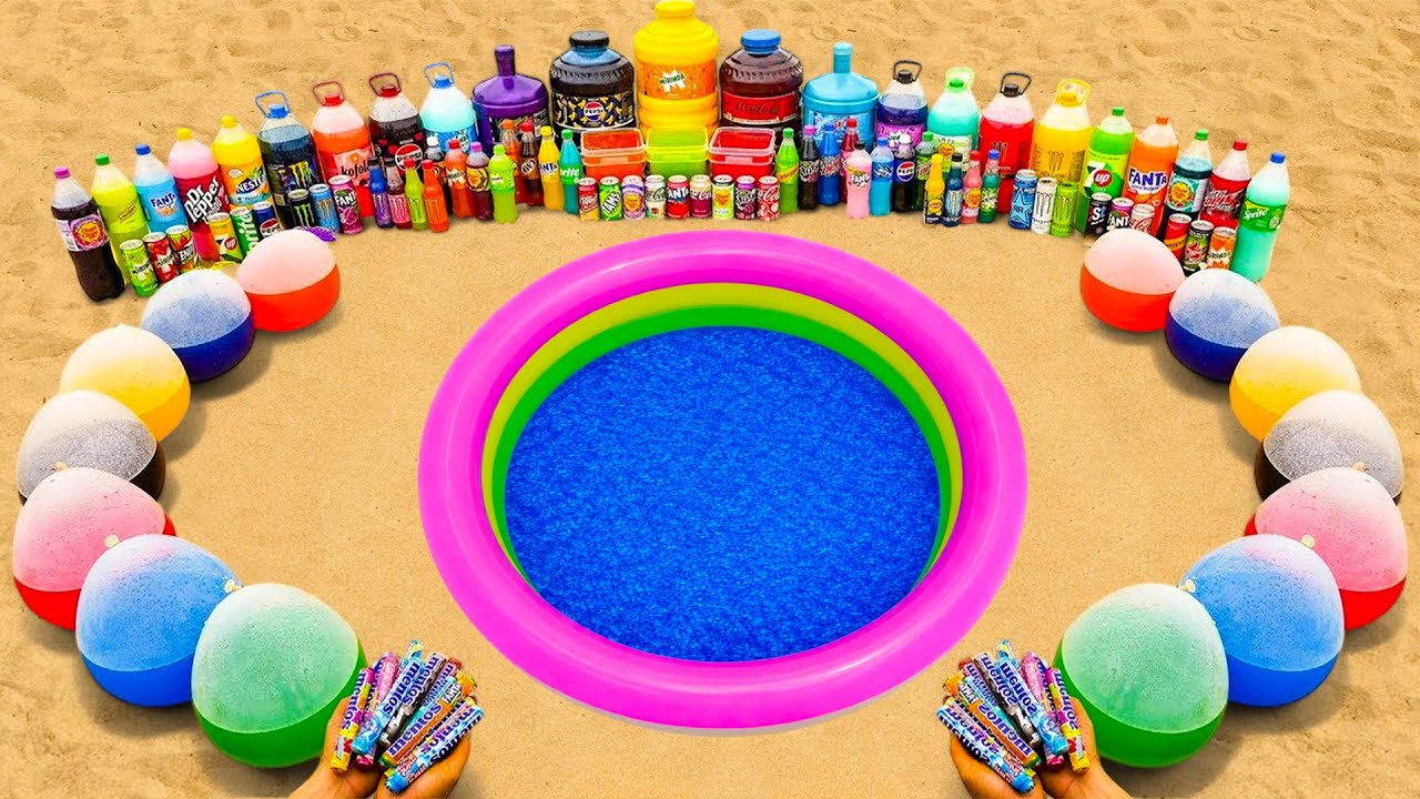 Big Toothpaste Eruption from Rainbow Pool, Balloons Fanta & Sodas, Mtn Dew, Coca cola vs Mentos