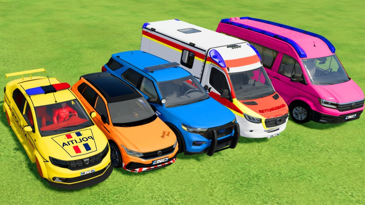 TRANSPORTING POLICE CARS, AMBULANCE, FIRE TRUCK, COLORFUL CARS WITH TRAIN -FARMING SIMULATOR 22!