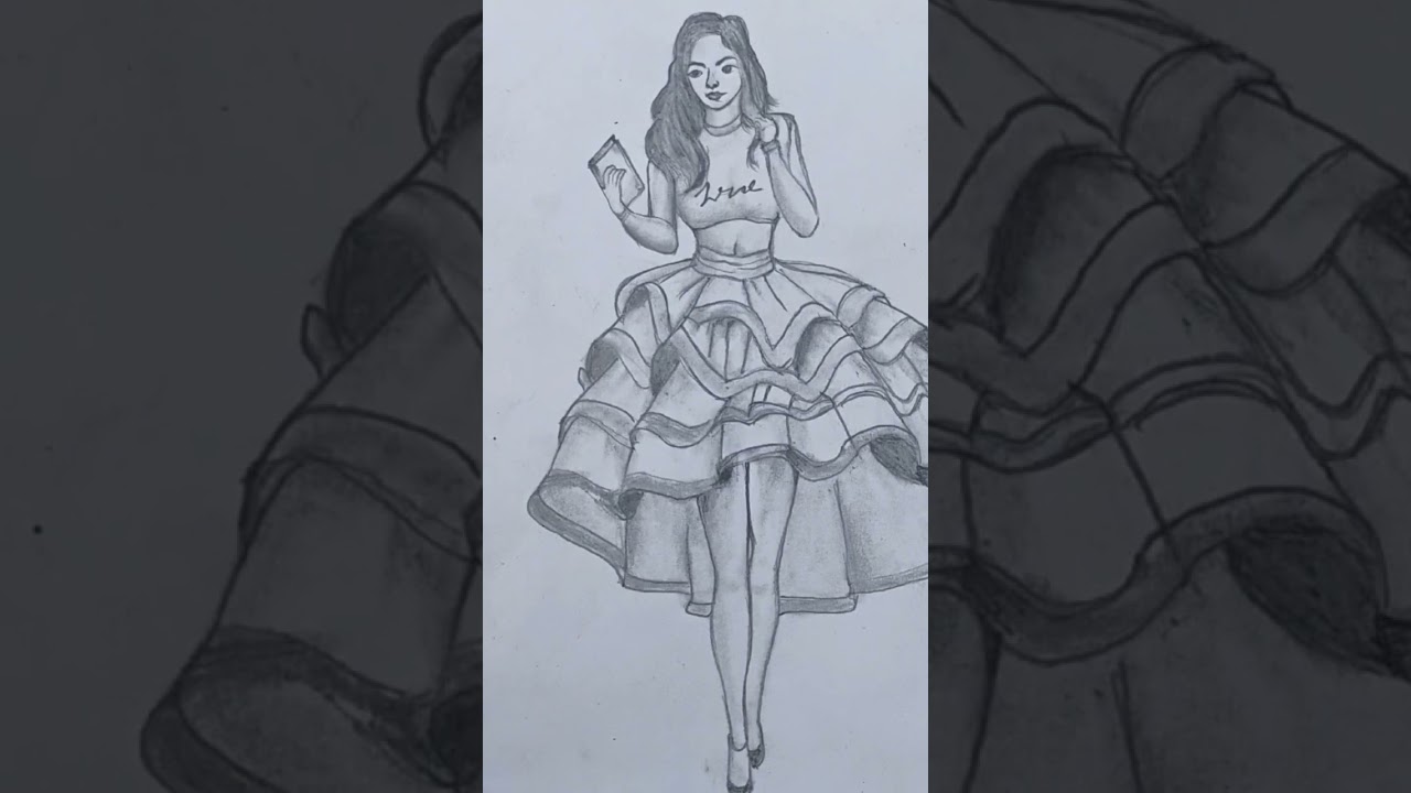 girl drawing with lehenga, pencil drawing 