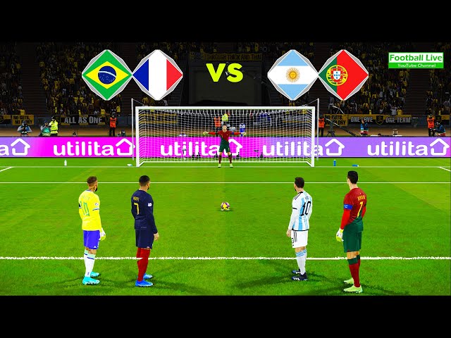 Brazil u0026 France vs Argentina u0026 Portugal | Penalty Shootout | Messi ● Ronaldo vs Neymar ● Mbappe PES class=