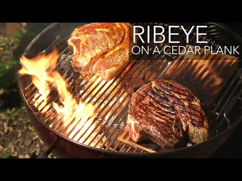 Ribeye cooked in a Weber on a cedar plank