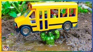 Super heroes Hulk Pretend Play with Car Toys Rescues School Bus for children Super heroes Hulk Pretend Play with Car Toys Rescues School Bus for children