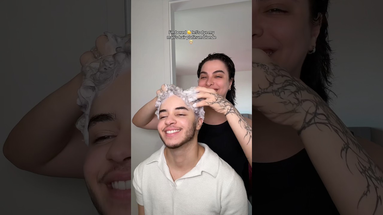 I’m bored😂 let’s dye my man’s hair platinum 🧑🏼 