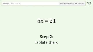 Linear equation with one unknown: Solve 5x-18=3 step-by-step solution