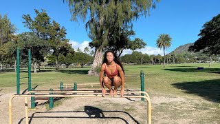 Forward rail squat (feet together)