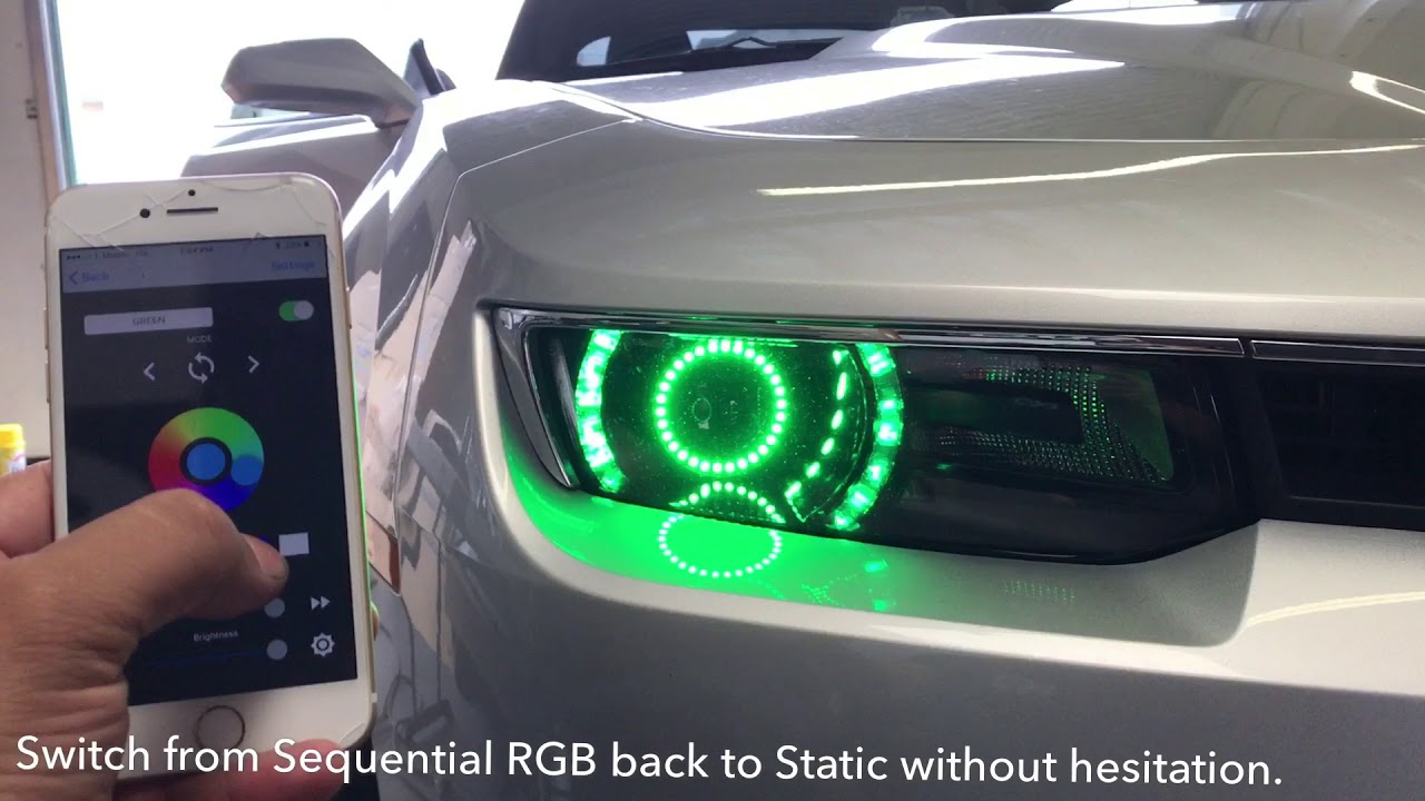 2014-2015 Chevy Camaro w/Sequential RGB (Multicolor) Animated Halos w/Bluetooth Controller - YouTube