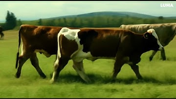 Grazing cows move slowly across an idyllic meadow, the camera tracking alongside