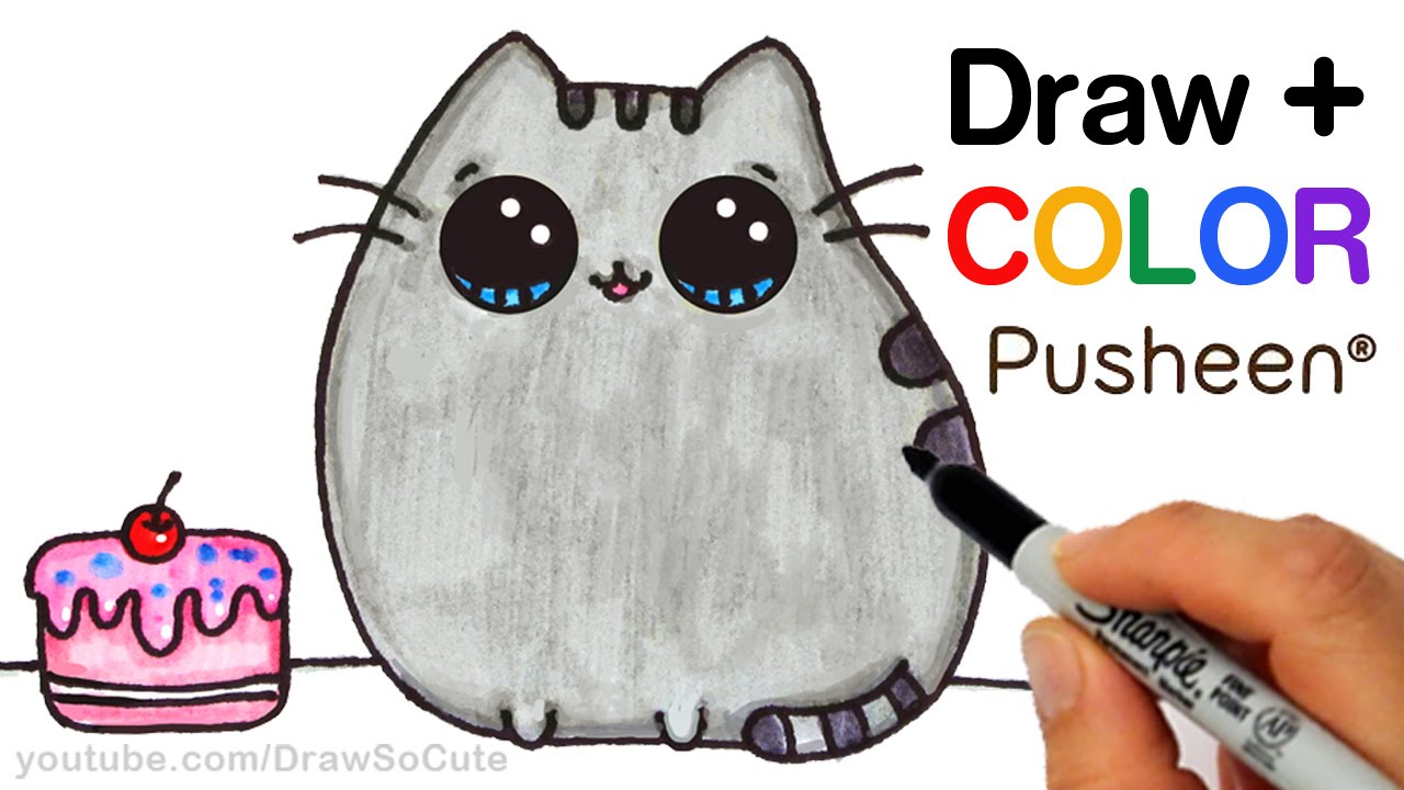 How to Draw + Color Pusheen Cat step by step Easy Cute Cartoon Cat