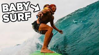 SURFING WITH A BABY ON MY BACK - The Ultimate Surf Lessons Routine to Help Our 3 YR OLD surf