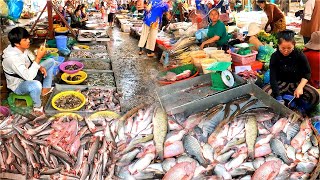 ตลาดอาหารริมถนนกัมพูชา มะละกอ มะม่วง แอปเปิ้ล กุ้ง ไก่ ปลา l ตลาดปลาเขมร