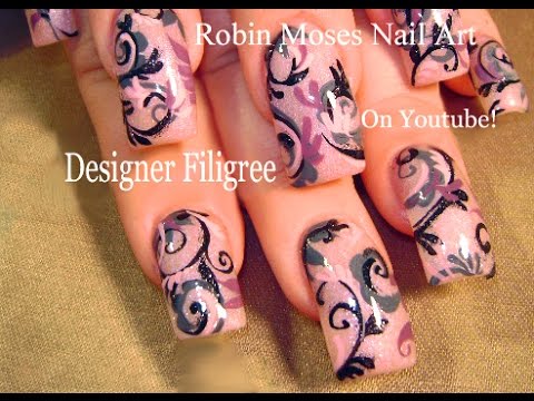 Pink with Filigree and Teal Flower Nail Design Tutorial for long nails ...