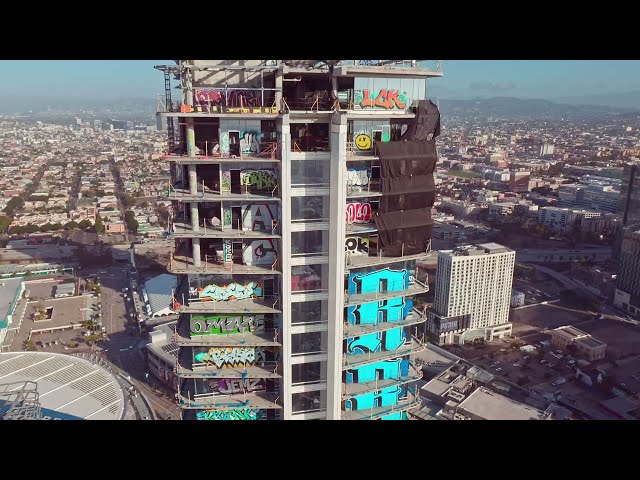 Epic Drone Tour: Oceanwide Plaza Tower's Graffiti LA's Abandoned Skyscraper tagged (Part 5) [4K] class=