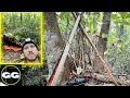 NATURAL SHELTER BUILD W/ THE GROSS FISHERMAN | Chicken and Corn Stew