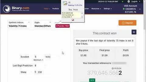 REAL ACCOUNT +$1500 USD Automated Trading Binary.com Volatility (Digits Differs) 22 January 2020