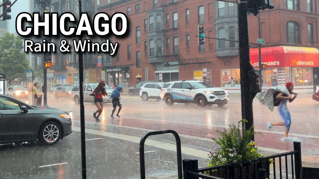 Rain & Windy Walk In Chicago ☔️ Thunderstorm Rainfall Umbrella ASMR On ...