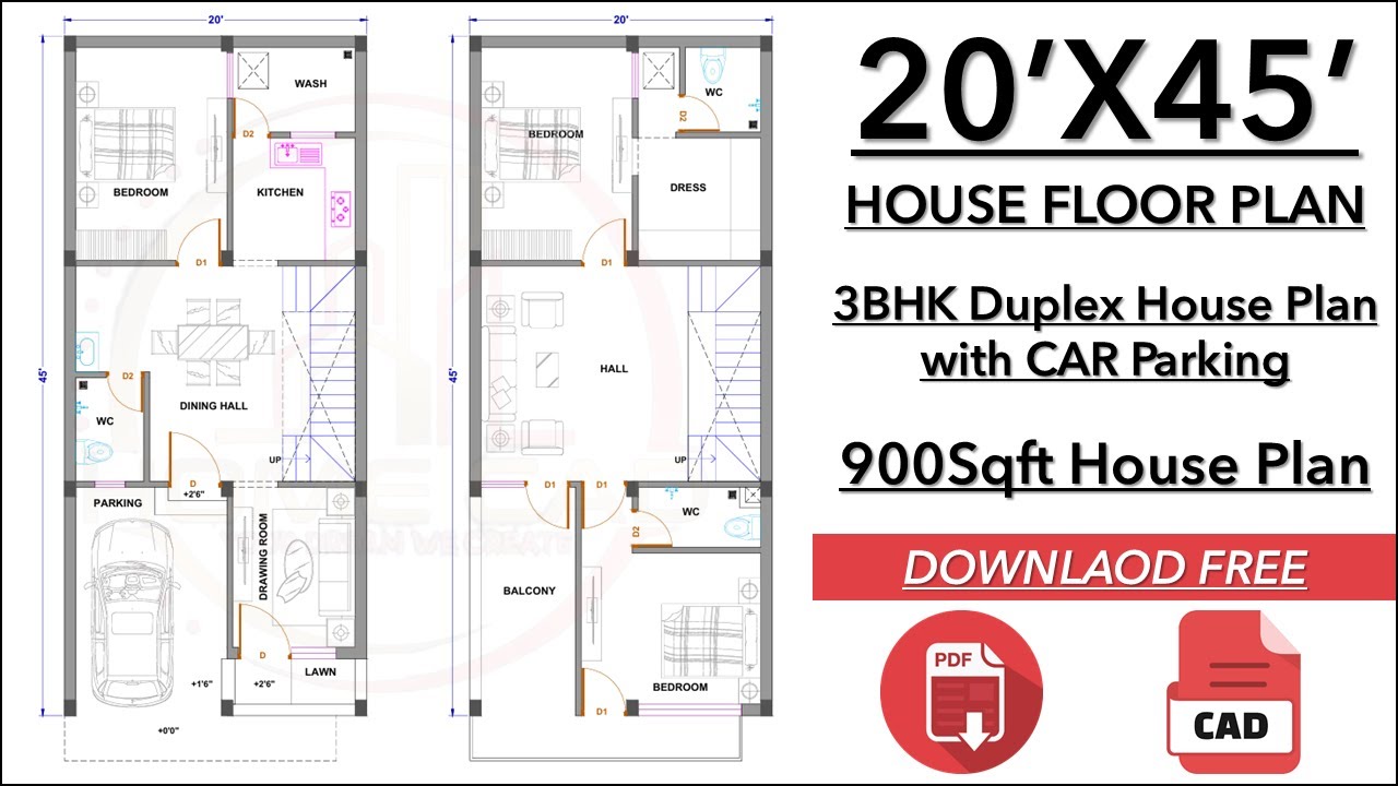 20x45 House Plan | 900SQFT 3BHK Duplex House Plan With Free CAD and Pdf ...