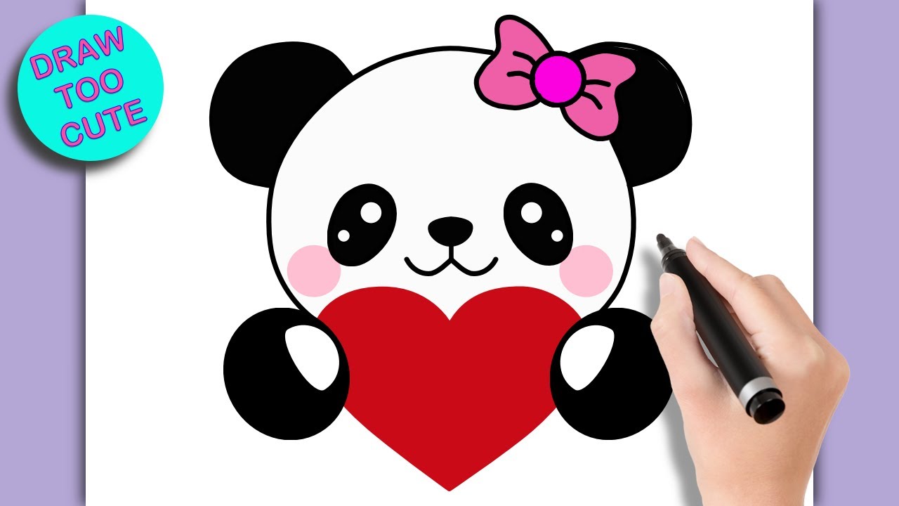 How To Draw A Cute Panda Holding A Heart Easy Step By Step Drawing Youtube