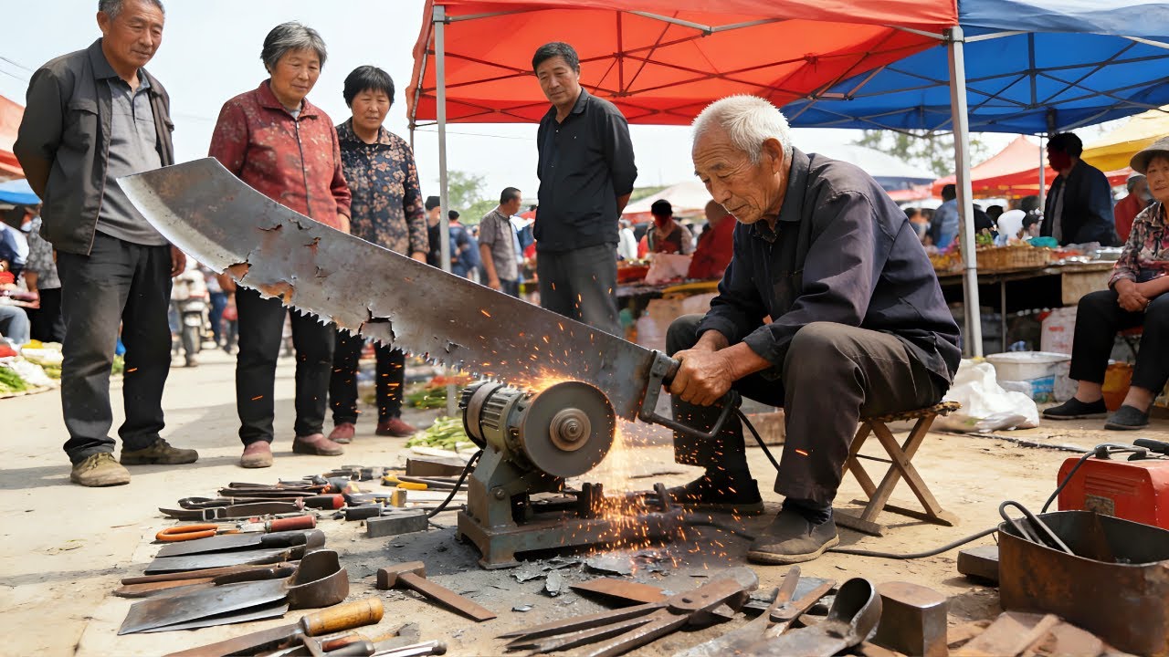 70岁老铁匠赶集修菜刀，修理费3元磨的飞快，周围百人围观太震撼了！【李哥乡村发现】