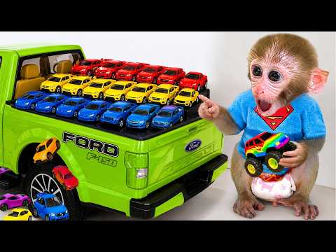 Bon Bon the monkey plays with colorful monster trucks and takes care of a chick
