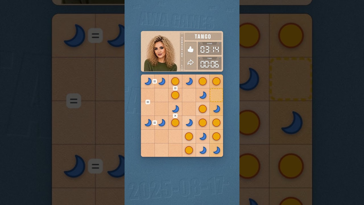 LinkedIn Tango #314 solved board for August 17, 2025, 6x6 grid