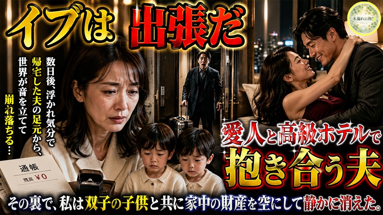 「イブは出張だ」愛人と高級ホテルで抱き合うエリート夫。その裏で、私は双子の子供と共に家中の財産を空にして静かに消えた。数日後、浮かれ気分で帰宅した夫の足元から、世界が音を立てて崩れ落ちる…