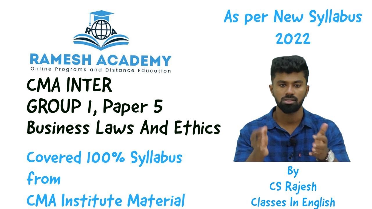 CMA Inter | Paper 5 Business Laws and Ethics In English by CS Rajesh ...