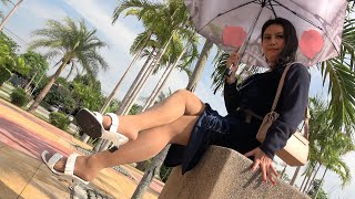 Walking At The Park In Velvet Dress, Shiny Tan Hose And Heels